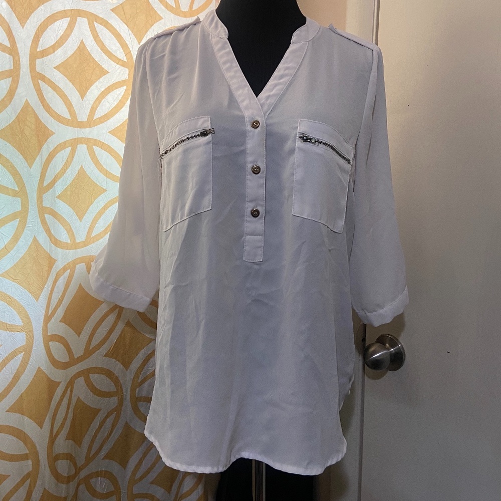 Sheer Button Pullover Pocket Blouse